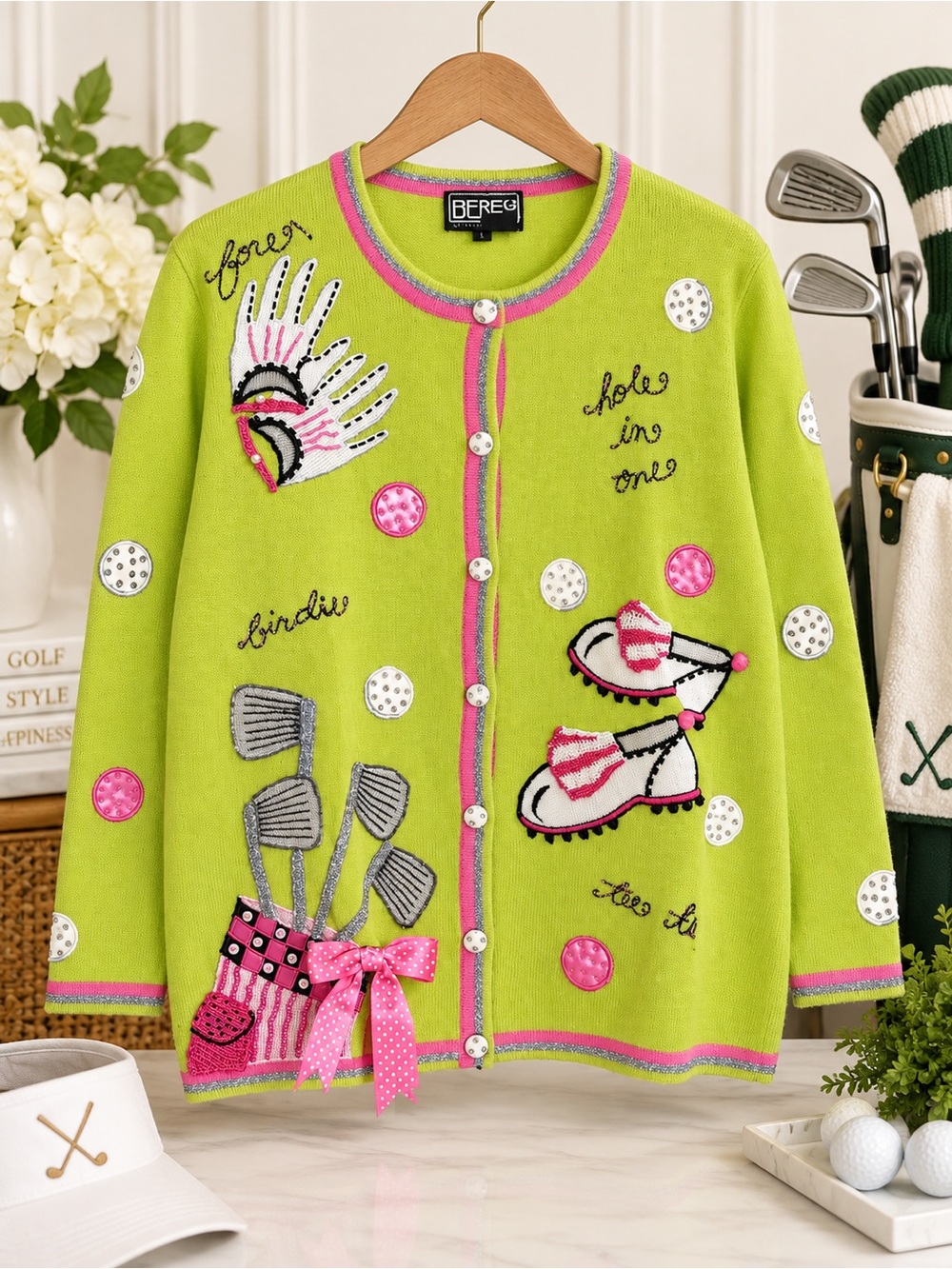 Berek Golf Sweater Women’s L Lime Green Pink Embellished Novelty Cardigan